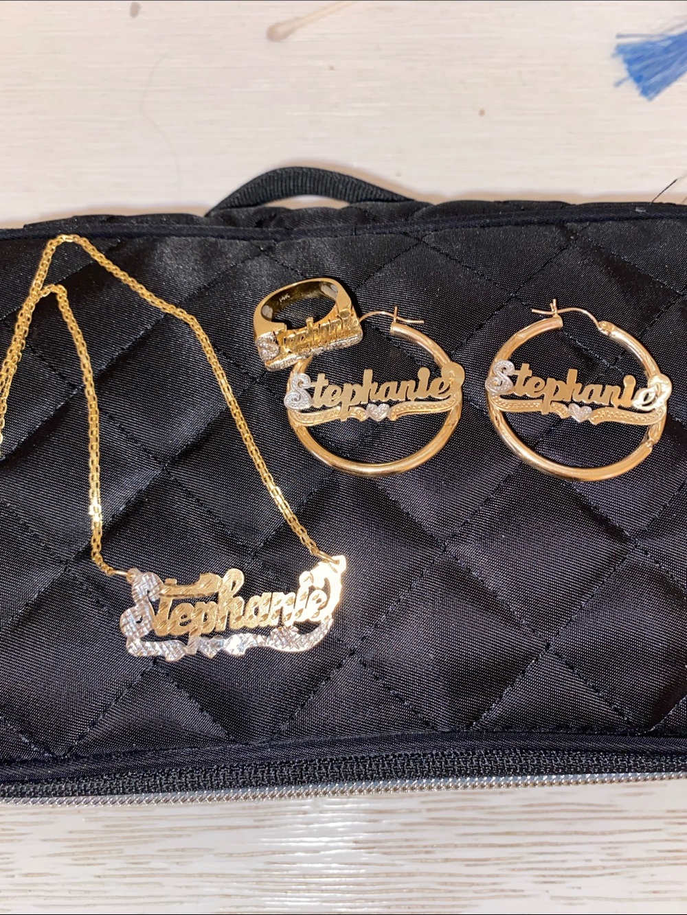 14k Gold with silver Y2K Vintage 'Stephanie' Gold Name plate jewelry Set